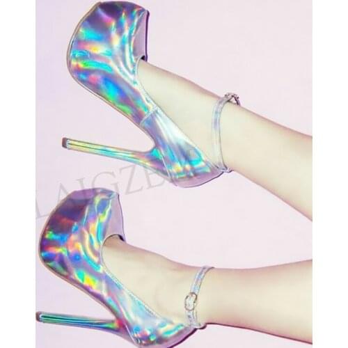 LAIGZEM Women Platform Heels Ankle Strap Multi Silver Pumps Stiletto Heel Party Prom Zapatos Mujer Shoes Woman Large Size 46 47
