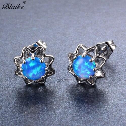 Blaike 2018 New Brand Designer Flower Blue/White Fire Opal Stud Earrings for Women Silver Color Birthstone Earring