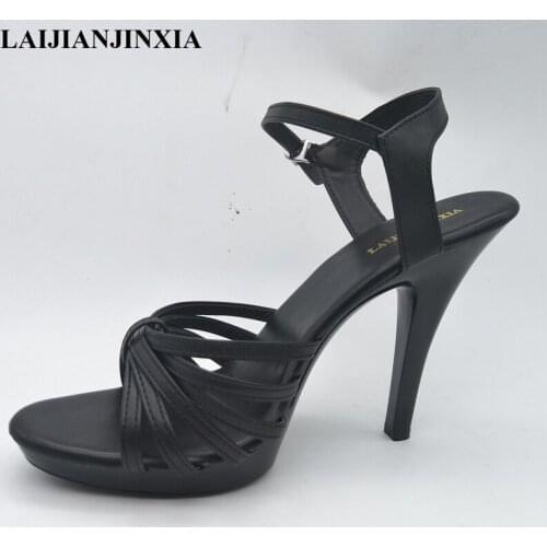 LAIJIANJINXIA New Summer Female T Shows High Heeled Shoes 13cm Super High Sexy Black PU Leather Club Tide Womens Sandals