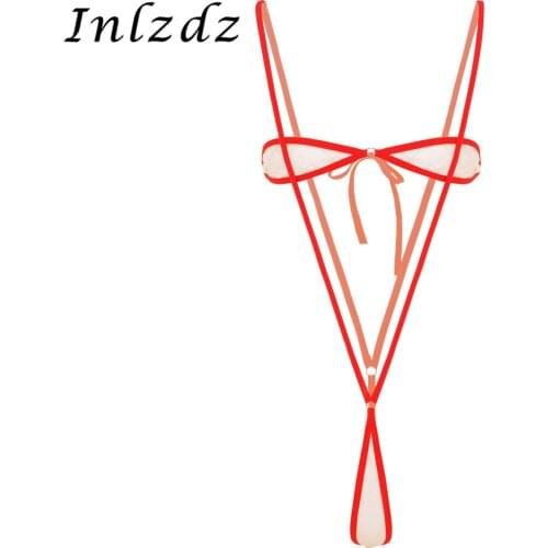 Womens Erotic Micro Mini Sheer Lace Bikini Lingerie Set Tie-on Tube Bra Bandeau Top with Suspender Thong G-String Briefs Bottom