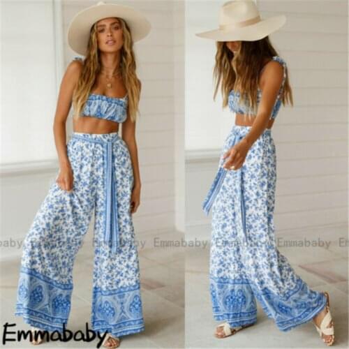 Fashion Boho Two Piece Set Top And Pants Women Ladies Clubwear Summer Playsuit Bodycon Party Jumpsuit Romper Trousers Women Sets