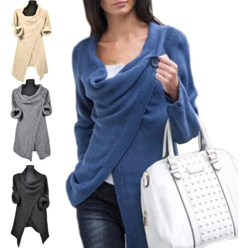 Women Button Cowl Neck Sweater Autumn Solid Color Long Sleeve Wrap Front Split Cardigan Tunic Tops Casual Loose Poncho Jumper