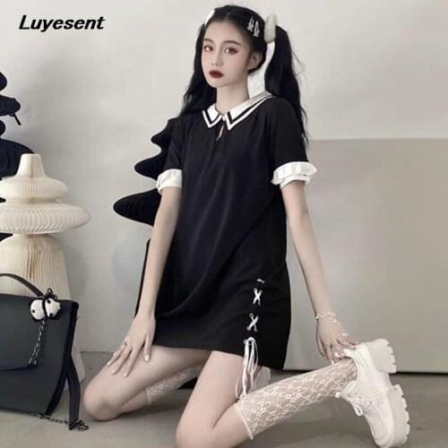 Black Gothic Lady T Shirt Dress Summer Women Polo Collar Lace-up Mini Dresses Lolita Cross Print Harajuku Short Sleeve Vestidos