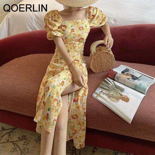 QOERLIN Sunflower Dress French Zipper Fly Pleated Puff Sleeve Sweet Elegant Printed Beach Split Chiffon Dress Female Summer S-XL