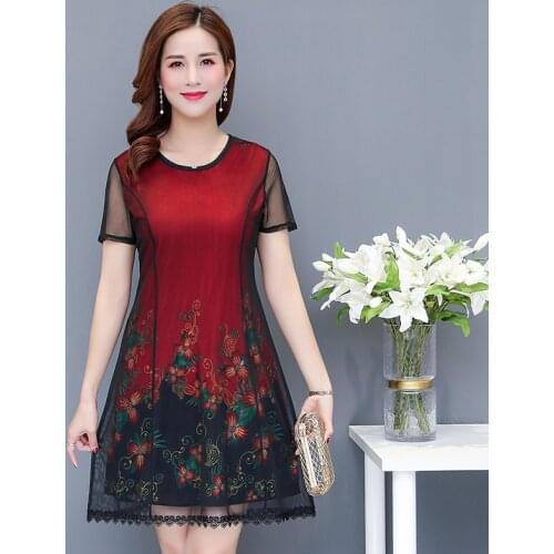 Summer Womens Mesh print Floral dress Short Sleeve Vintage Elegant Plus size 5XL Holiday Midi Dress