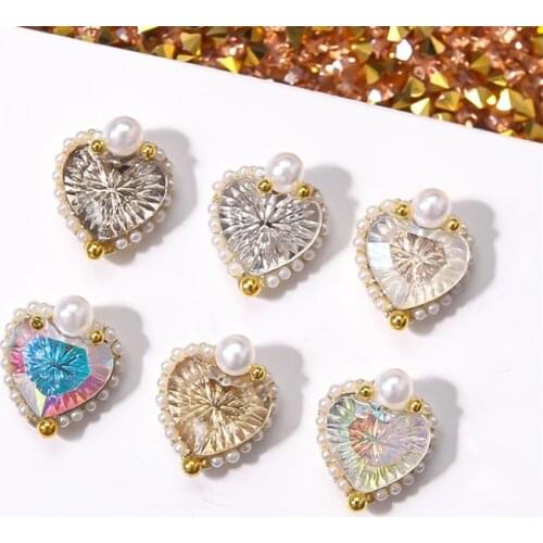 10PCS Japanese Sweet 3D Heart Pearl Nail Art Charm Shining Diamond Love Relief Drill DIY Nail Accessories