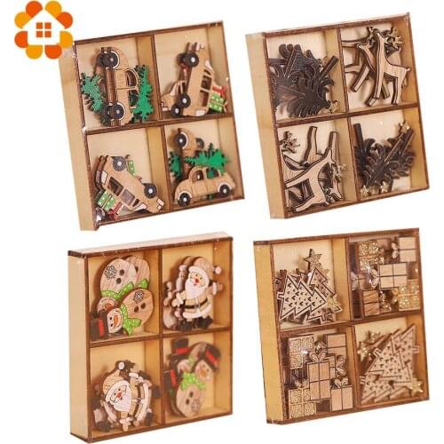 12PCS Christmas Creative Wooden Gift Box Sticker Santa Claus Xmas Crafts Decoration DIY Wood Crafts Christmas Party Decoration
