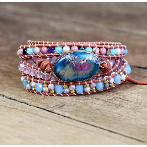 5 Strand Leather Wrap Bracelet W/ Semiprecious Stone Chain Beaded Statement Bracelet Boho Jewelry Dropshipping