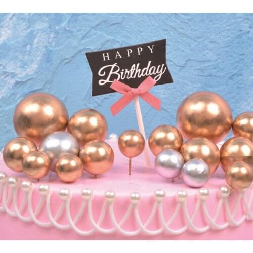 Golden silver ball bowknot happy birthday cake topper flag for birthday baby shower kids wedding party favor decoration supplies