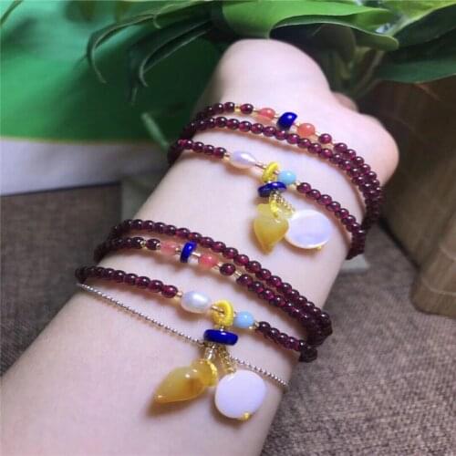 Natural Red Garnet Three-Circle 3.5mm Bracelet Womens Multi-Laps Charm Bracelet