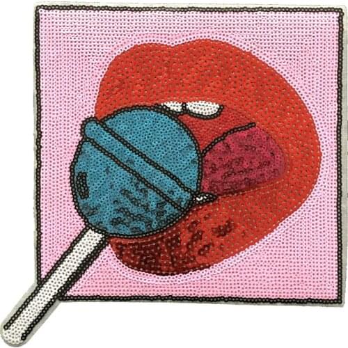 1 Piece Lips with Loollipop Sequined Iron on Patches for Clothes Mouth Candy Sequins Patch Sticker Sewing DIY Decoration Large