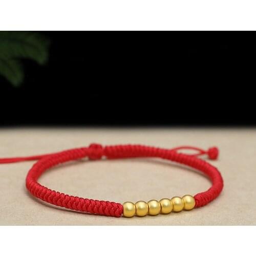 Pure 999 24K Yellow Gold Woman Bracelet Luck 4mmW Smooth Bead Red Cord Bracelet / Best Gift