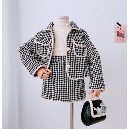 DFXD 2020 Korean Kids Girl Clothes Set Fashion High Quality Long Sleeve Houndstooth Coat+Skirt 2PC Elegant Party Childrens Set