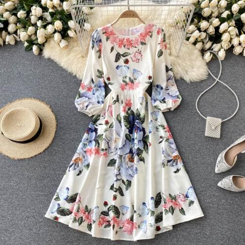 Palace Style Noble Elegant Evening Party Dress High Quality Retro Flowers Print Puff Sleeve Big Hem Slim Long Dress