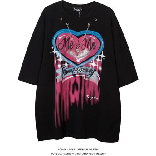New Black Gothic T-Shirt Mens Casual Autumn Tops Tee Heart Print T Shirt Fashion Japan Loose Couple Funny Tshirt Streetwear Boys