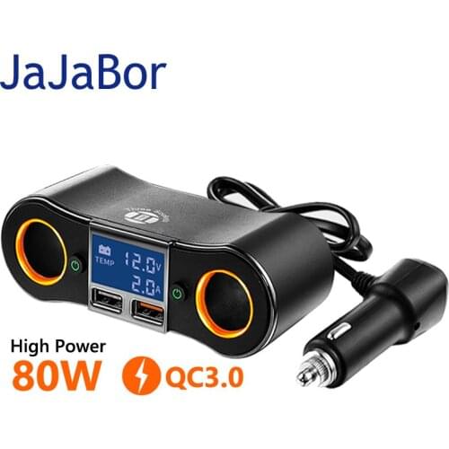JaJaBor Car Cigarette Lighter Socket Splitter 80W High Power 2 USB QC3.0 Fast Charge Car Charger Voltage Detection Power Adapter