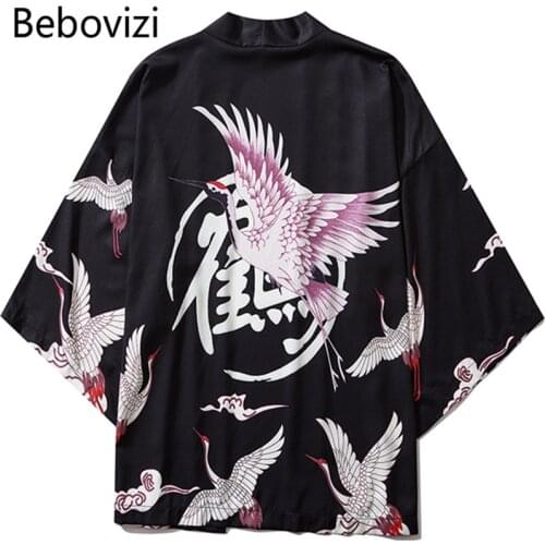 Bebovizi Japan Style Crane Print Men Streetwear Kimono Cardigan Robe Men Unisex Japanese Trend Kimonos Asian Black White Clothes