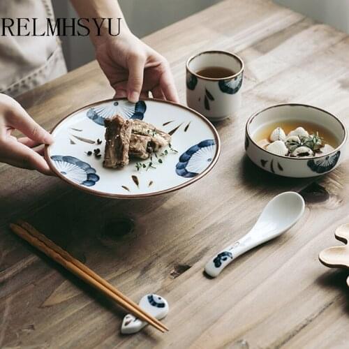 2PC RELMHSYU Japanese Style Simple Ceramic Rice Bowl Soup Spoon Round Dinner Steak Plate For Household Tableware Dinnerware Set
