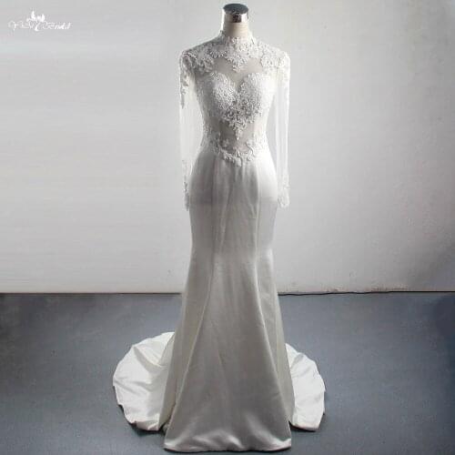 LZ305 Illusion Backless Soft Satin Wedding Dress Bright Bead Appliques Mermaid Dress High Collar Long Sleeve Bridal Dress