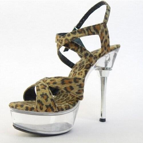 Sexy Leopard Print 15cm Temptation Sandals Ultra High Thin Heels Platform 5 Inch Crystal Shoes Sexy Club Shoes