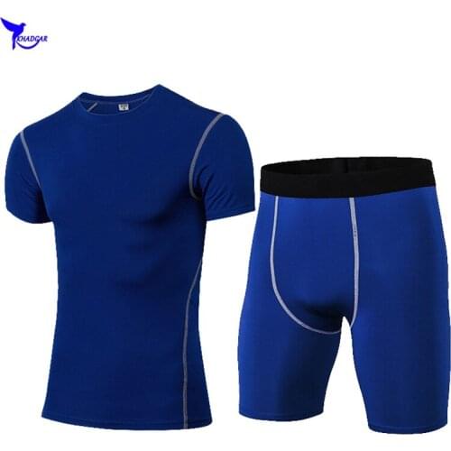 2019 Crossfit Short Sleeve Tshirt+Shorts 2PCS Running Set Men Compression Dry Fit Training Sportswear Tights Sport Jogging Suit