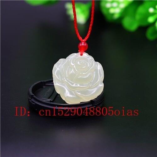 Natural Chinese Jade Rose Flower Pendant Necklace Charm Jewellery Carved Amulet Fashion Gifts for Women Men