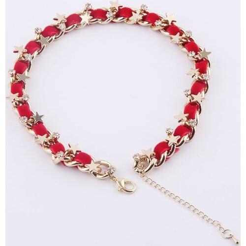 New fashion net red LIN same five-pointed star inlaid rhinestone necklace ladies party travel red ribbon necklace 834