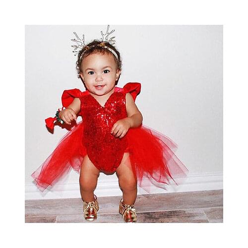 2021 New Baby Girls Sleeveless Bodysuits Sequined Heart-Shaped Mesh Ruffled Jumpsuit Performance Costumes