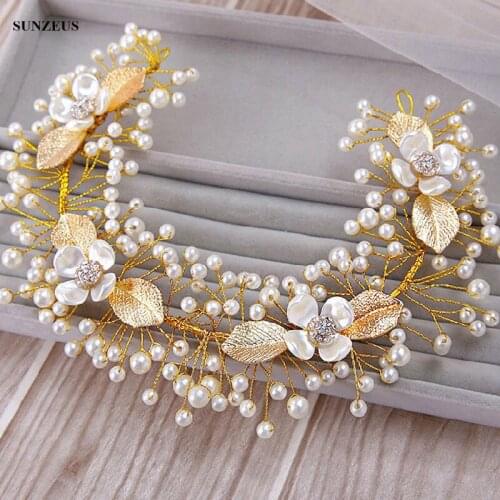 New Stock Pearl Tiara Bridal Forehead Jewelry Gold Leaf Wedding Hair Accessories Free Shipping SQ064