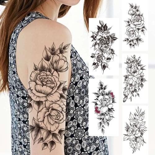Peony Rose Temporary Tattoo For Women Girls Beauty Sweatpea Dahlia Flower Tattoos Sticker Black Flora Leaves Fake Tatoos Paste