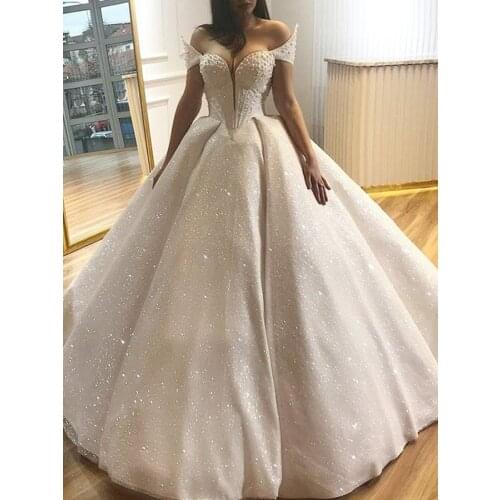 2020 Luxury Ball Gown Sweetheart Pearls Sequins Wedding Dresses Arabic Dubai Bridal Dress robe de mariage Custom Made