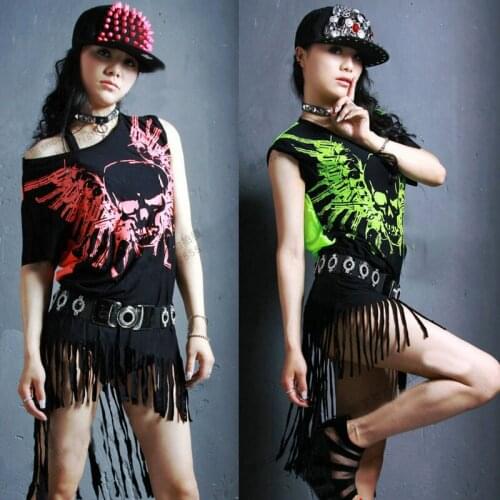 Sexy Slanted Shoulder Skull Graffiti Top Dj Nightclub Bar Stage Modern Dancing Clothes Jazz Dance T-shirt Gogo Costume XS2757