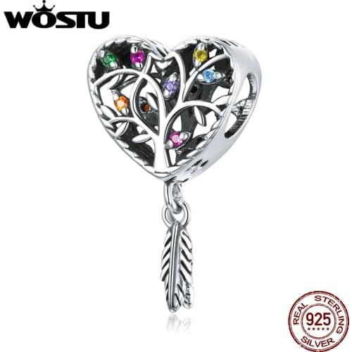 WOSTU Charms 925 Sterling Silver Tree of Life Heart Shaped Beads Pendant Fit Bracelet Necklaces DIY Jewelry Accessories DXC1768