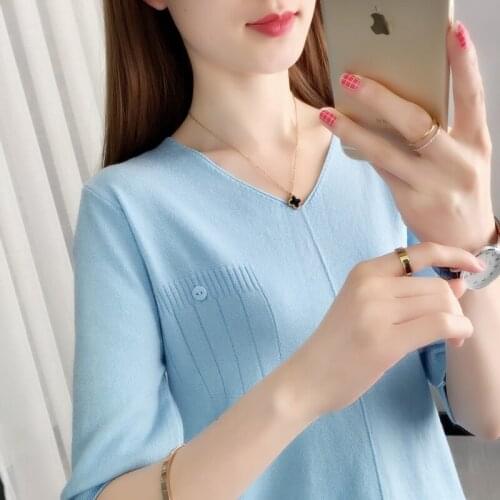 In the 19869 film sleeve v-neck bar in pure color fake pocket knit 26