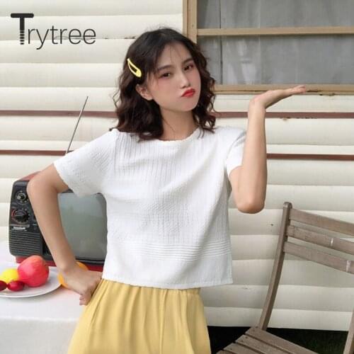 Trytree Summer top Women t Shirt Casual Breathable Shirt Solid Tops knitted Short sleeve O-Neck Casual Polyester Light tshirt