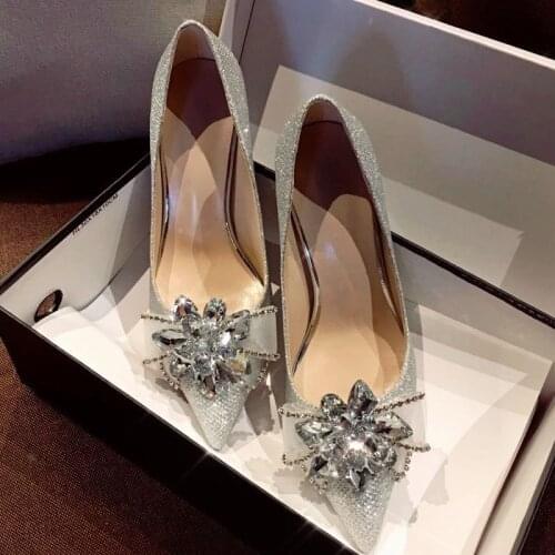 2020 Spring Pointed Sexy Womens Fashion Single Shoes Wedding Shoes Bride High Heel Crystal Shoes