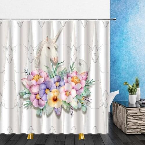 Cartoons Shower Curtains Spring Flowers Zebra Unicorn Dream 3D Print Bathroom Home Decor Waterproof Polyester Cloth Curtain Set