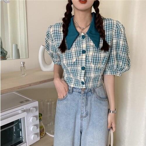 Bella new Summer Women Elegant Puff Sleeve Plaid Pink Blue Blouse Lady Turn Down Collar Crop Top Female Botton Korean New Shirts