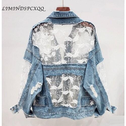 Streetwear Women Hole Denim Jackets Coat New Spring Summer Jeans jackets Patchwork Lace Embroidery Thin Loose Chaqueta Mujer
