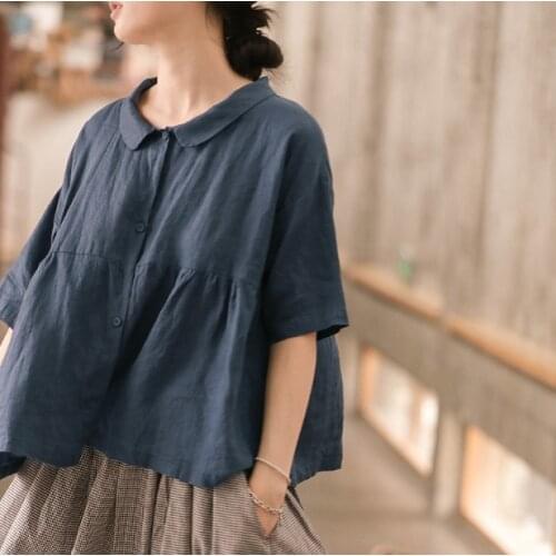 Summer T-shirt Women Retro Loose Pullovers 2019 Ladies New Tops Turn-down Collar Short Sleeve Button Casual T-shirt