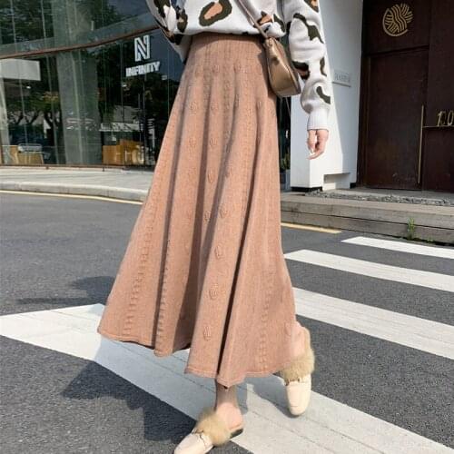 Mid-Length Knitted Skirt Women Autumn And Winter Sweater High Waist Jacquard A-Lline Umbrella Temperament Woolen Long Skirt Y760