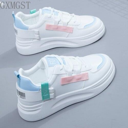 Spring New Women Vulcanized Shoes 2021 Womens PU Comfortable Flat Casual Shoes Platform Solid Color Sneakers White Women Shoes