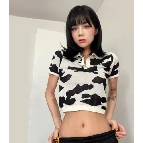 Women Cow Print Knitted Cropped Polo Top Short Sleeve Fitted Knit Top A567