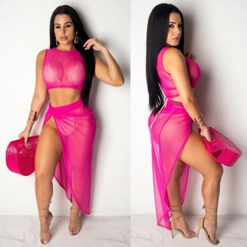 Sexy Women Maxi Skirt Crop Top 2 Piece Set Swimwear Set Blouse Sleeveless Top Shirt Ladies Bodycon Co ord Knit UK 6-14