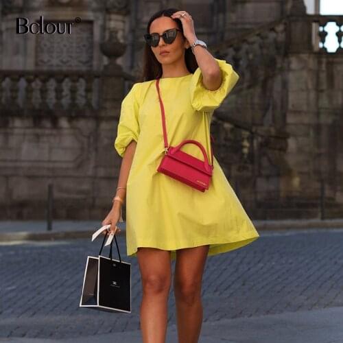 Bclout O Neck Lantern Sleeve Cotton Women Mini Dresses Loose High Waist Solid A Line Dress Elegant Half Sleeve Pink Dress Ladies