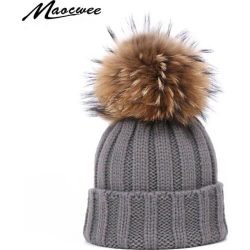Winter Pom Pom Beanie Hat For Women Men Warm Thick Knitted Skullies Beanies With Real Raccoon Fur Pompon Fashion Solid Color Cap