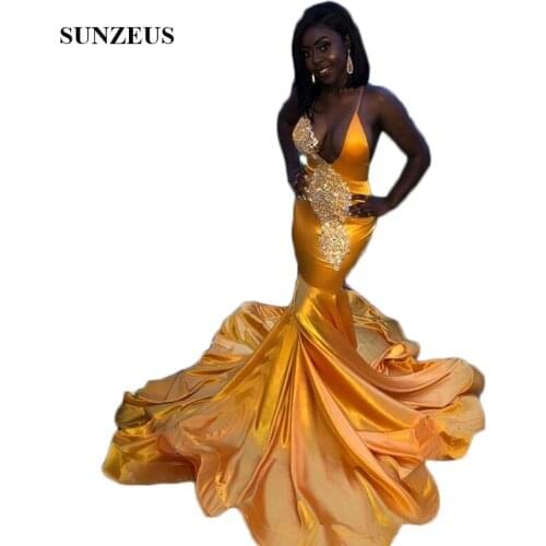 Gold Satin Mermaid Prom Dresses Sexy V Neck Spaghetti Straps Shiny Beaded Sequins Long Evening Gowns Back Criss Cross Prom Gowns