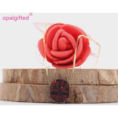 1pc/lot) Fahion High quality 9.7*12mm Opal Synthetic OP71 Fire Black Opal skullhead Pendant 925 Silver Necklace For Halloween