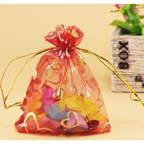 13*18cm 100pcs/lot Red Organza Bags Heart Design Wedding Favor Christmas Gift Bag Candy Jewelry Packaging Bags Organza Pouches
