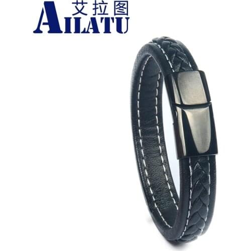 Ailatu 10pcs Wholesale Black Genuine Leather Braided Charm Bracelet Stainless Steel Magnetic Buckle Clasps Bracelets Men Jewelry